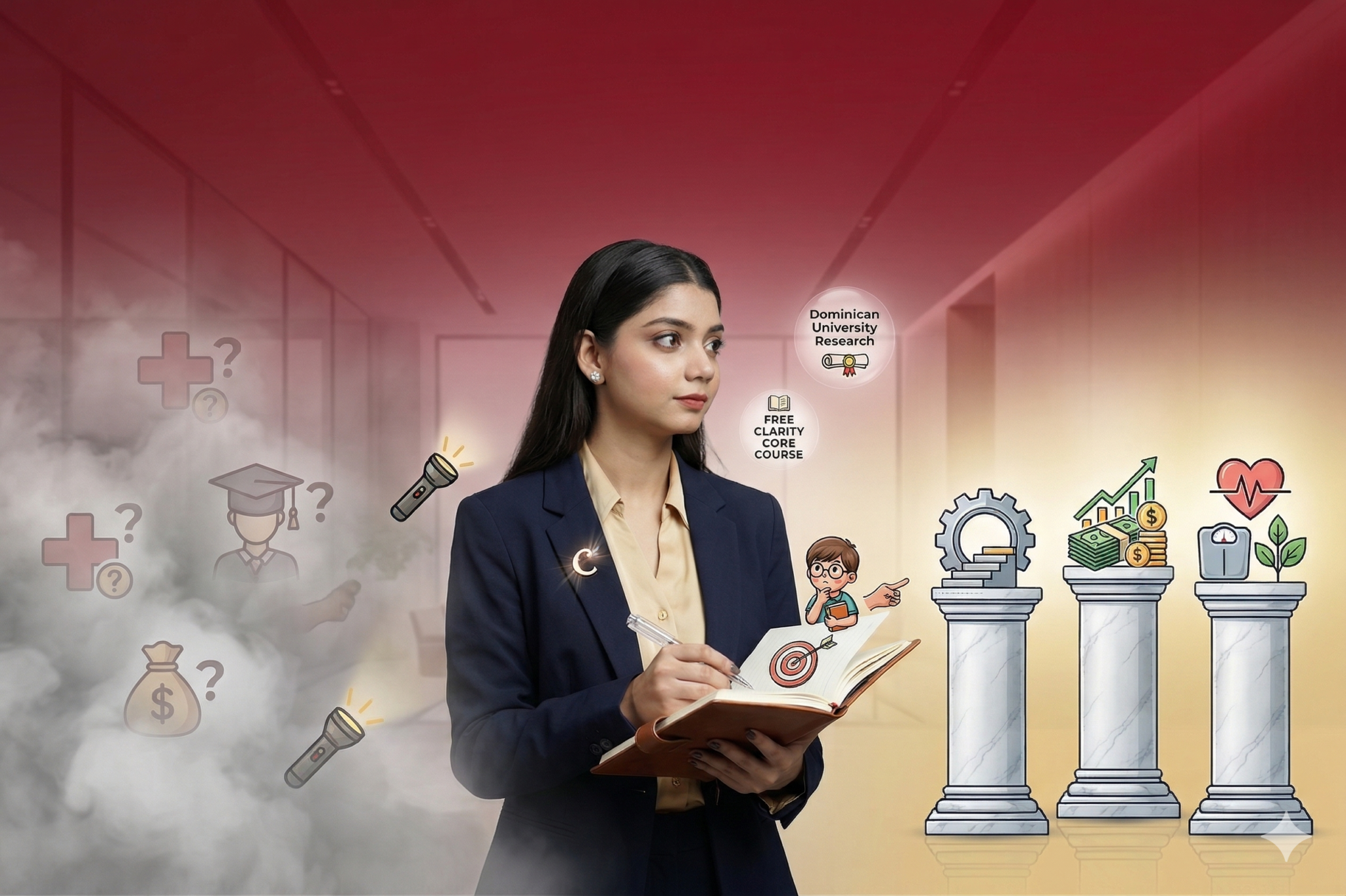 A professional woman writing in a journal, standing at a crossroads. To her left, symbols of medicine and academia are shrouded in fog; to her right, three marble pillars topped with icons for Career, Finance, and Health stand in bright light. Small icons representing the "Grade 3 Audit" and university research float nearby.