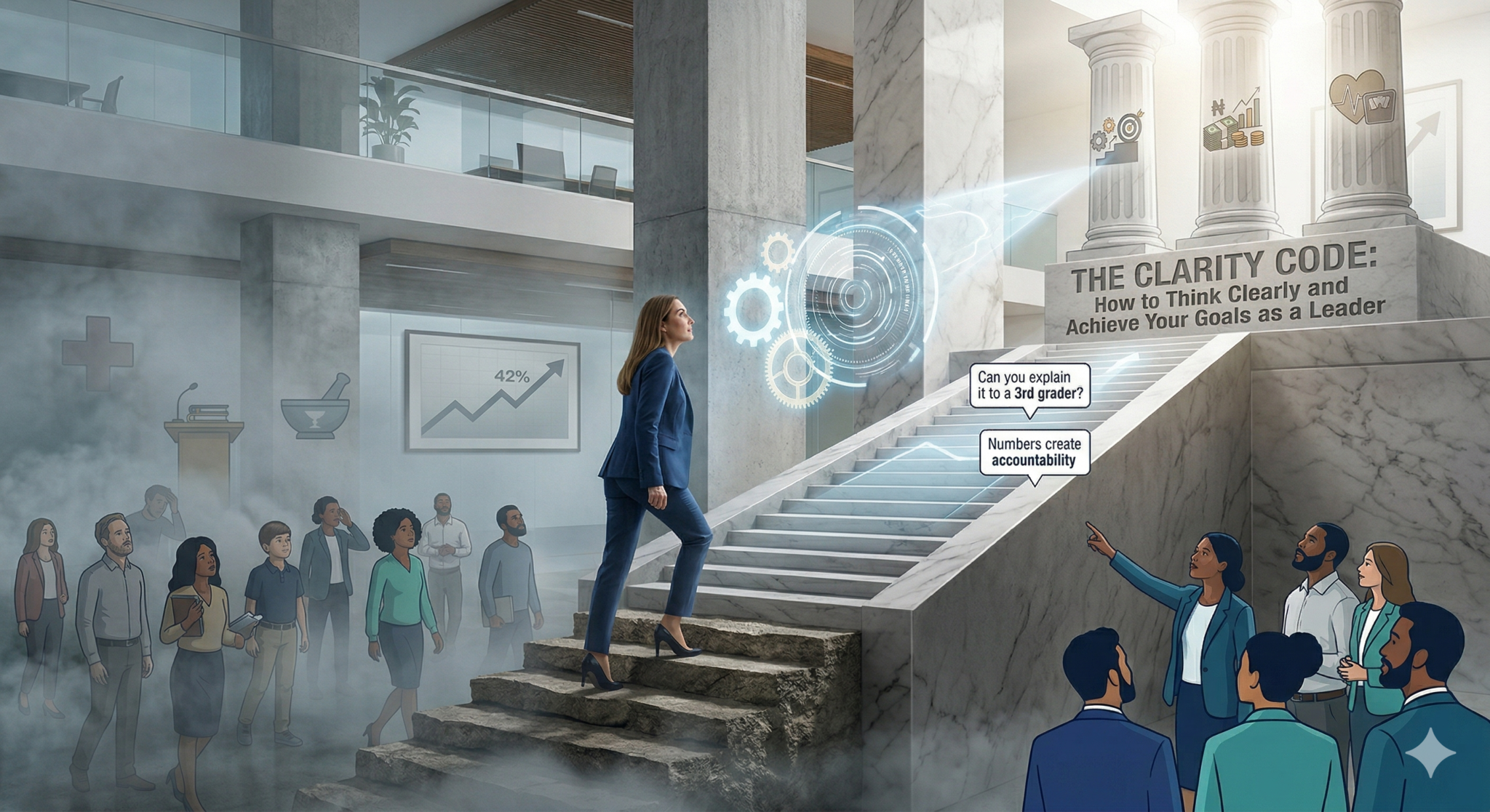 A professional woman in a suit standing in a modern office. To her left, the scene is shrouded in a grey fog with faint symbols of medicine and academia. To her right, the fog clears to reveal three solid marble pillars representing Career, Finance, and Health. A young boy stands near her, symbolizing the 'Grade 3' clarity test.
