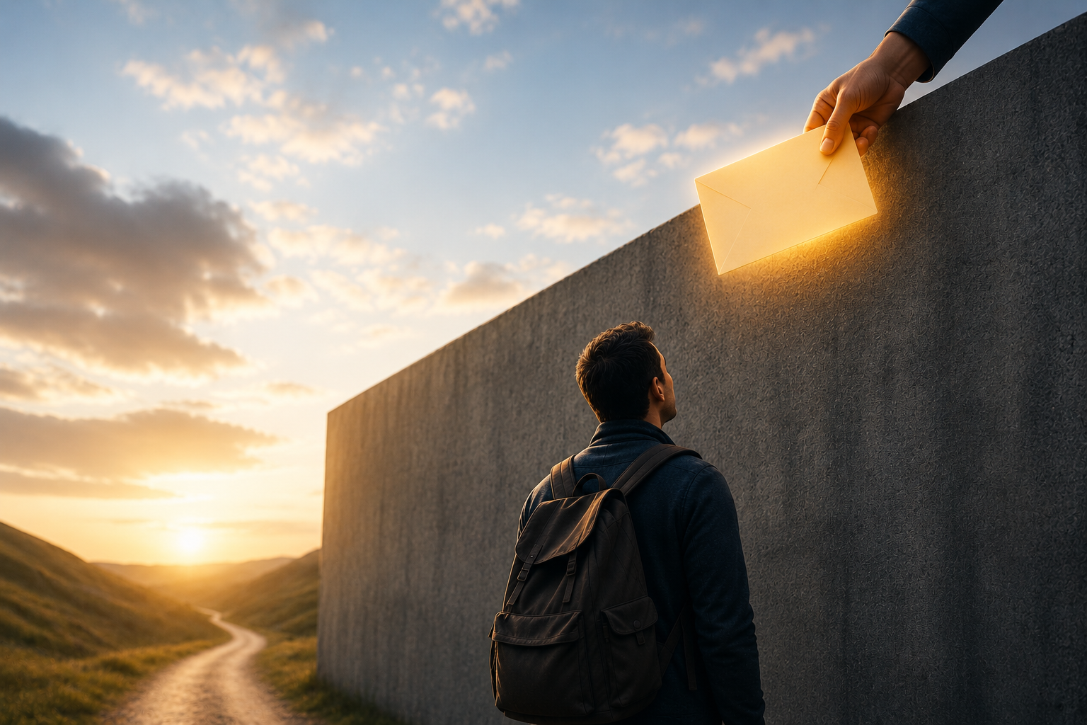 A person standing before a tall wall reaches toward a glowing envelope being offered from the other side, symbolizing receiving guidance before facing major challenges.