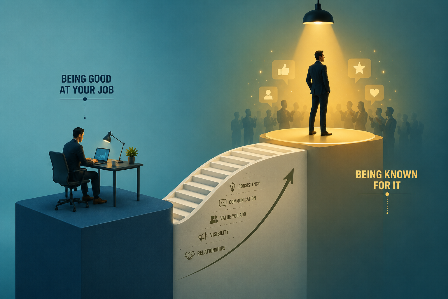 A professional works at a desk while another stands in the spotlight on a raised platform, illustrating the difference between being skilled at work and being recognized for contributions.