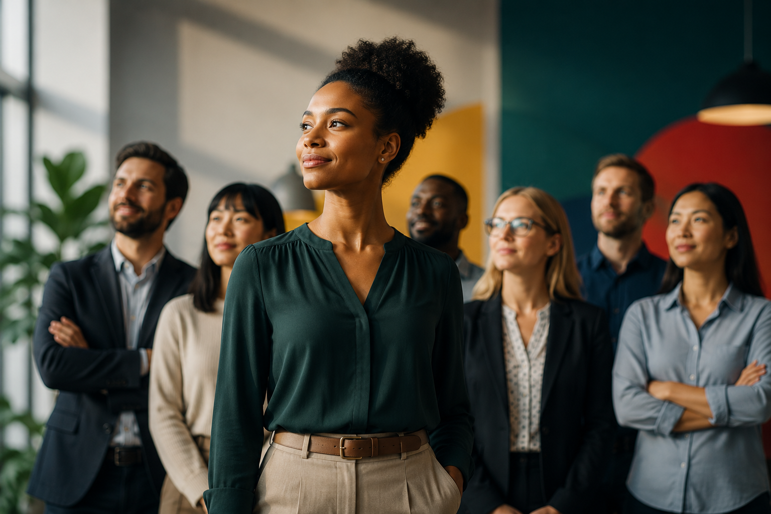 Confident business leader inspiring a diverse team through authentic leadership and workplace influence